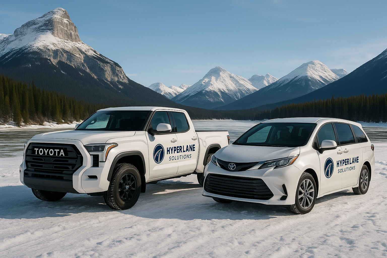 Pickup truck and van parked on a snowy road with mountains behind